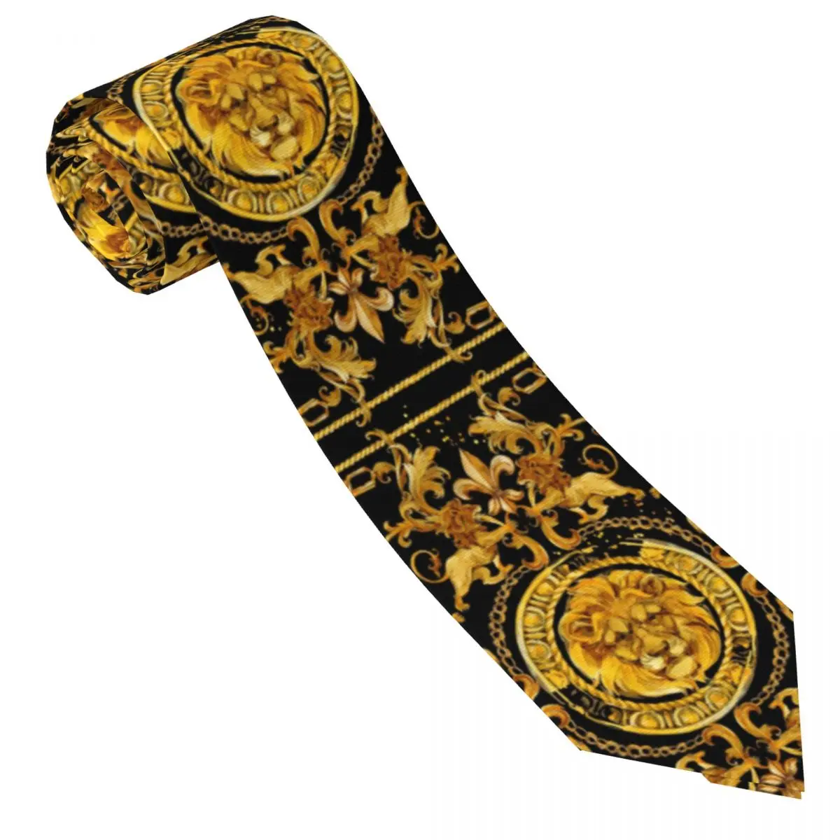 Custom Golden Lion And Damask Ornament Tie Mens Luxury Baroque Floral Cravat For Father's Day