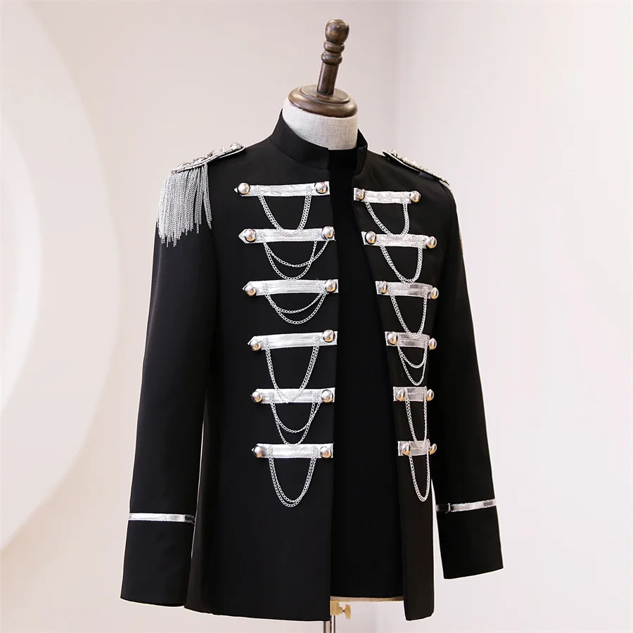 

Men Singer Court Jacket Stage Costume Silver Chains Tassel Stand Collar Military Coat Bar Nightclub Dancer Performance Outerwear