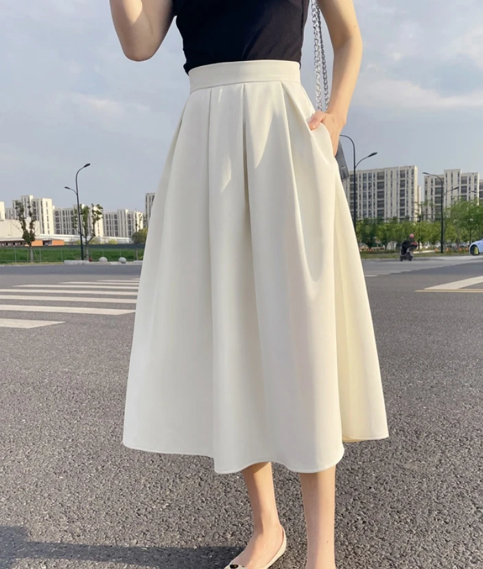 Elegant Women Skirts Female Pockets Office Ladies Casual Loose A-Line High Waist Midi Skirt 2024 Spring Summer L832