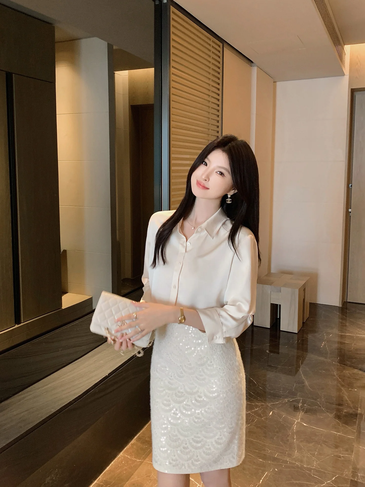 

Ms.Daoge Women's Satin irt Draped Svel Top Commute Sle Polyester Fiber Pure Color Knitted Slim Fit Casual irt