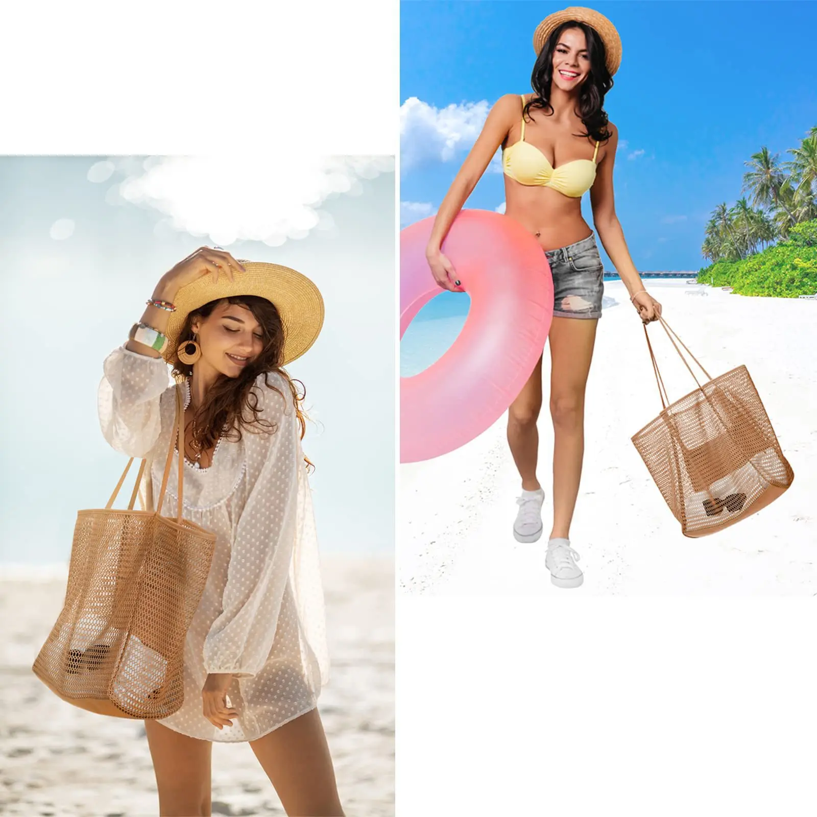 Women Mesh Beach Tote Bag Shoulder Handbag Swimming Beach Bag Large Capacity Kids Toys Storage Bags Makeup Organizer Travel Bag