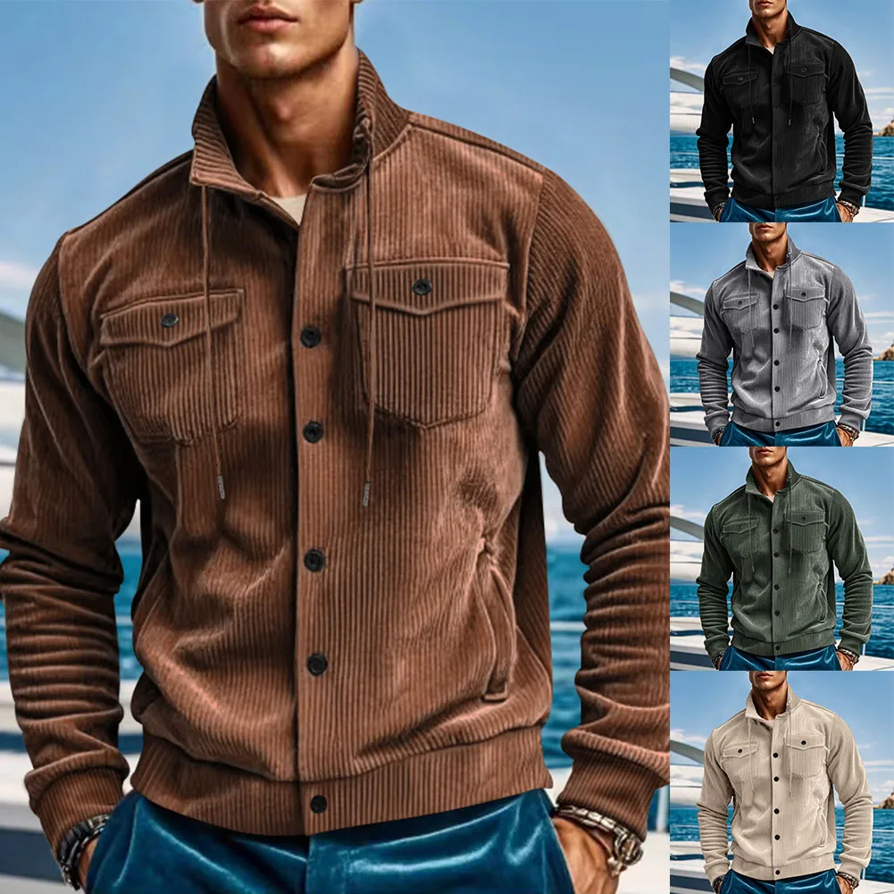 Men's Corduroy Lapel Button-Up Cardigan Jacket Winter Warm Casual Outerwear Cozy Retro Style Coat for Autumn Streetwear