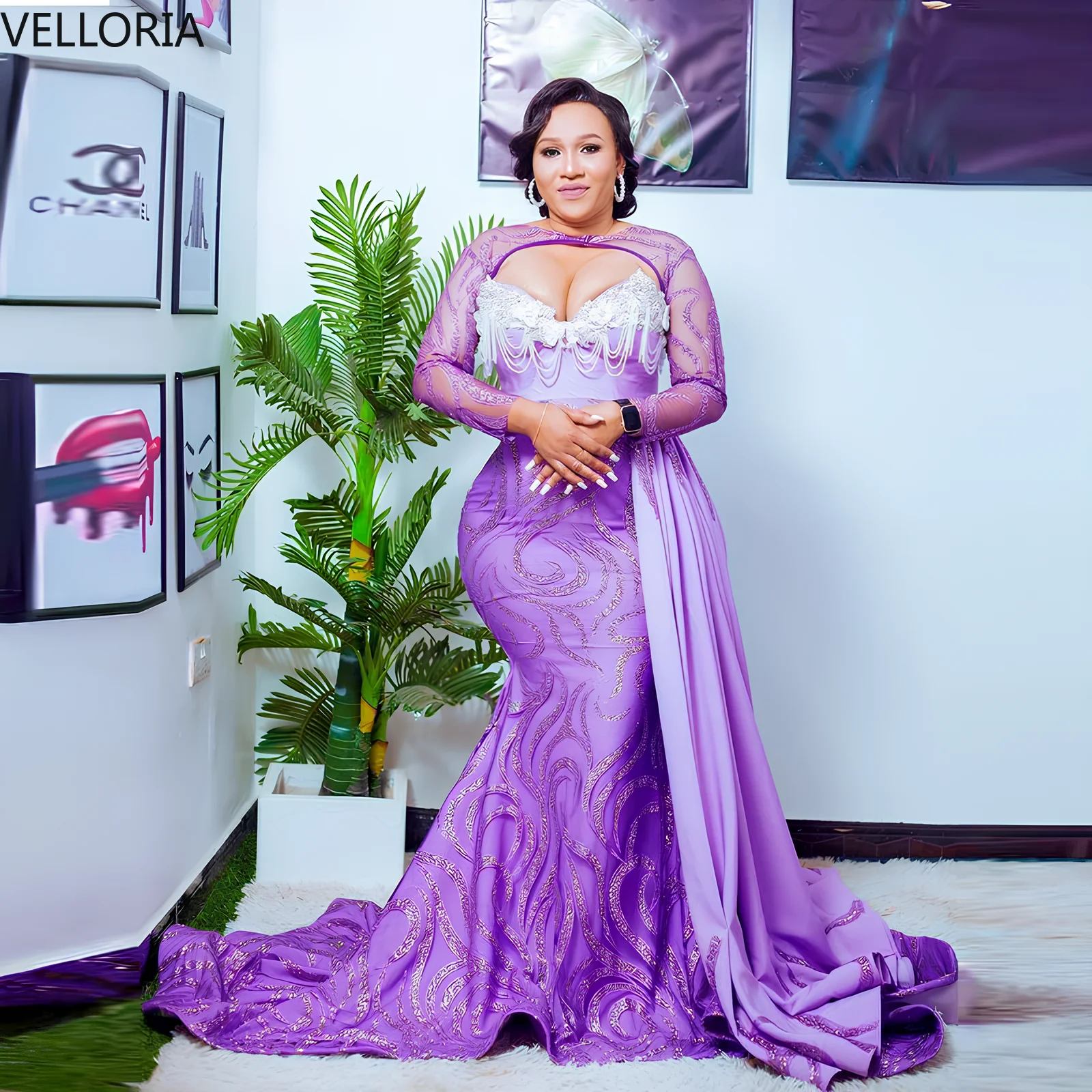 Aso Ebi Plus Size Ball Dress Luxury Beaded Crystal Long Sleeved Mermaid Evening Dress African Women's Party Gown Customized