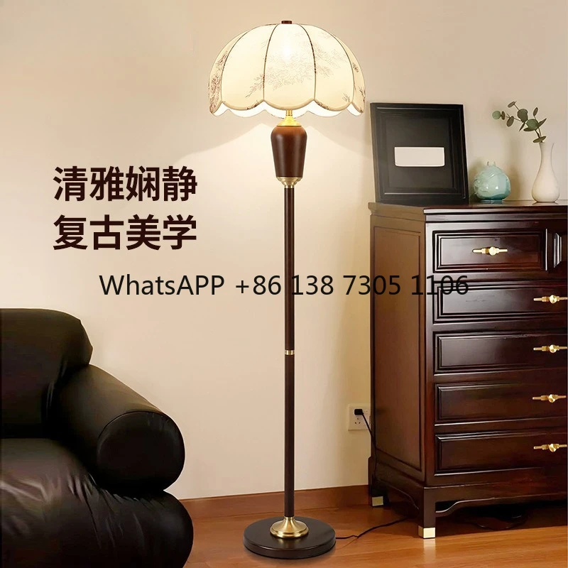 

Medieval floor lamp living room French retro atmosphere lamp solid wood fabric printing bedroom desk lamp