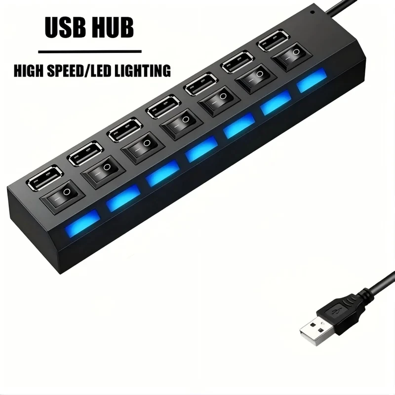 Hub USB 2.0 de 7 Puertos con LED, 5Gbps de Alta Velocidad, Adaptador de Corriente USB Multipuerto, Divisor USB con Interruptor para Computadora Portátil y Hogar