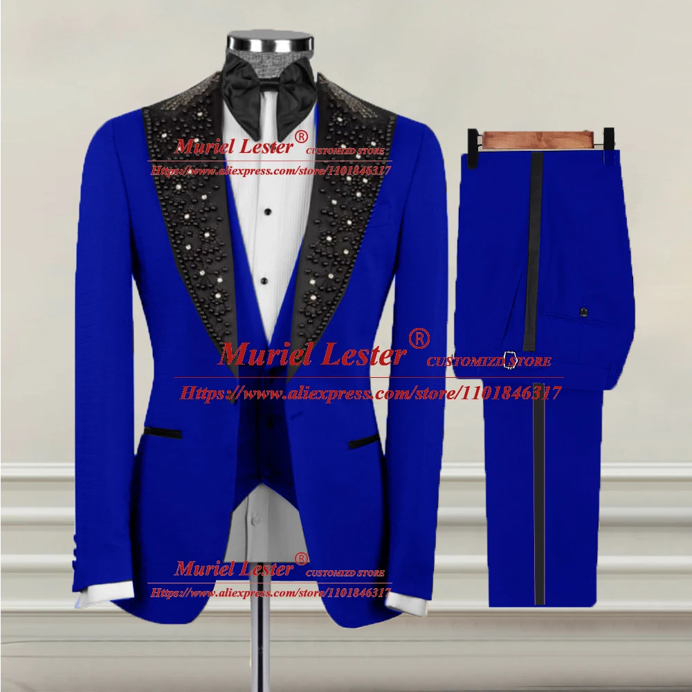 

Royal Blue Men's Suits Plus Size Beading Blazer Vest Pants 3 Pieces Groom Wear Wedding Tuxedo Tailor-Made Male Fashion Clothing