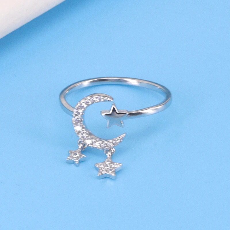 

PANJBJ 925 Silver Moon Star Ring for Women Girl Luxury Full Crystal Tassel Index Finger Jewelry Wholesale Dropshipping