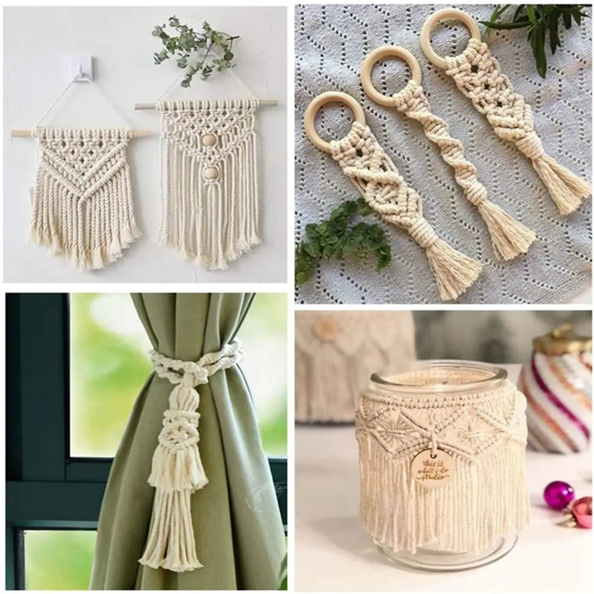 Macrame Cord Cotton Rope Set with Wooden Ring, Beads for DIY Wall Hanging Plant Hangers, Boho Crafts,Tapestry,Home Decor