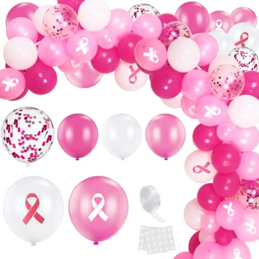 108 piezas decoraciones para la conciencia del cáncer de mama globos arco guirnalda Kit 12 10 5 pulgadas rosa blanco confeti látex cinta rosa Foi
