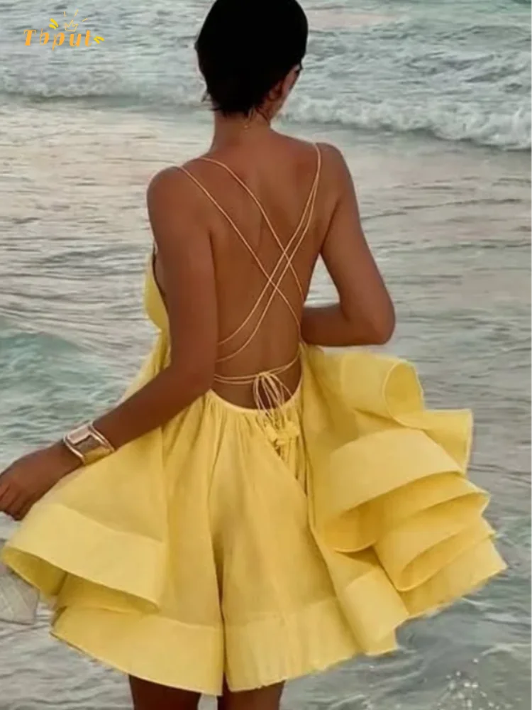 Backless Lace Up V-neck High Waisted Women's Beach Dress Stack Pleated Hem Solid Vestidos Summer New Lady Vacation Dresses 2025