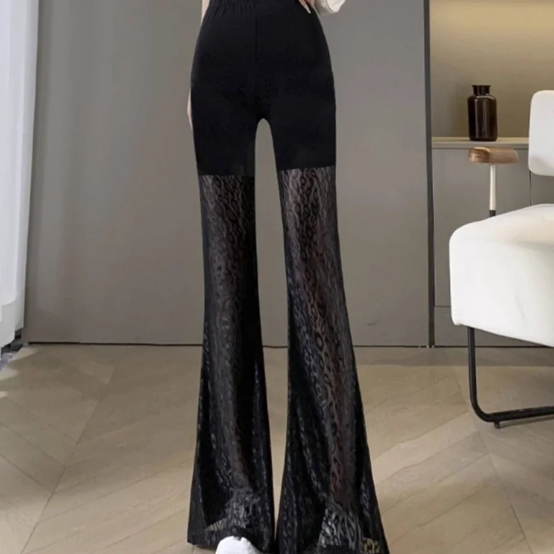 Summer new high waisted slimming flared pants female niche design sense personality lace mesh thin style micro flared pants