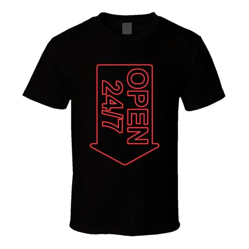 Open 24 7 Neon Sign Pointing Down Funny T Shirt
