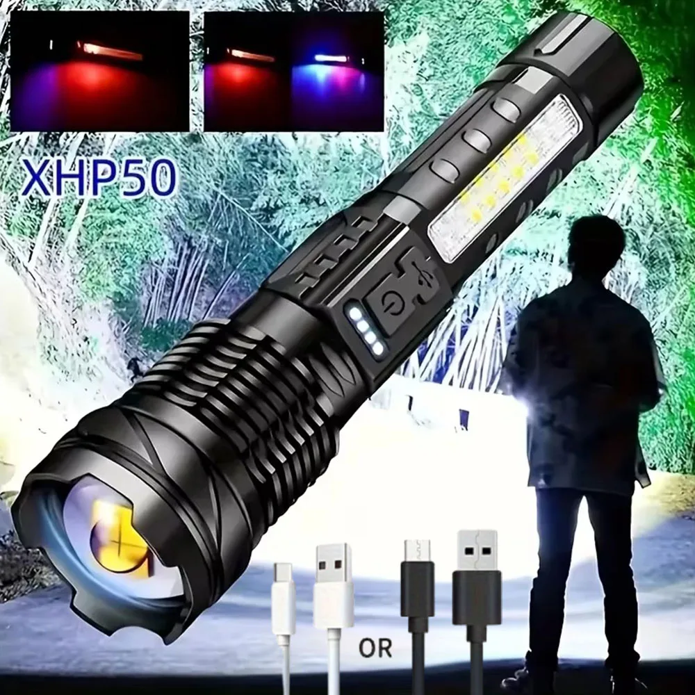 Latarka LED Latarnia dużej mocy 7 trybów Światło boczne COB Latarka taktyczna Aluminiowy reflektor 18650 USB Akumulatorowa lampa LED z zoomem