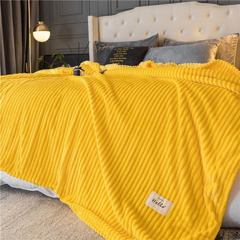 Striped Yellow Solid Blanket Flannel Soft Adults Bed Cover Winter Warm Stitch Fluffy Bed Linen Bedspread for Sofa Bedroom Decor