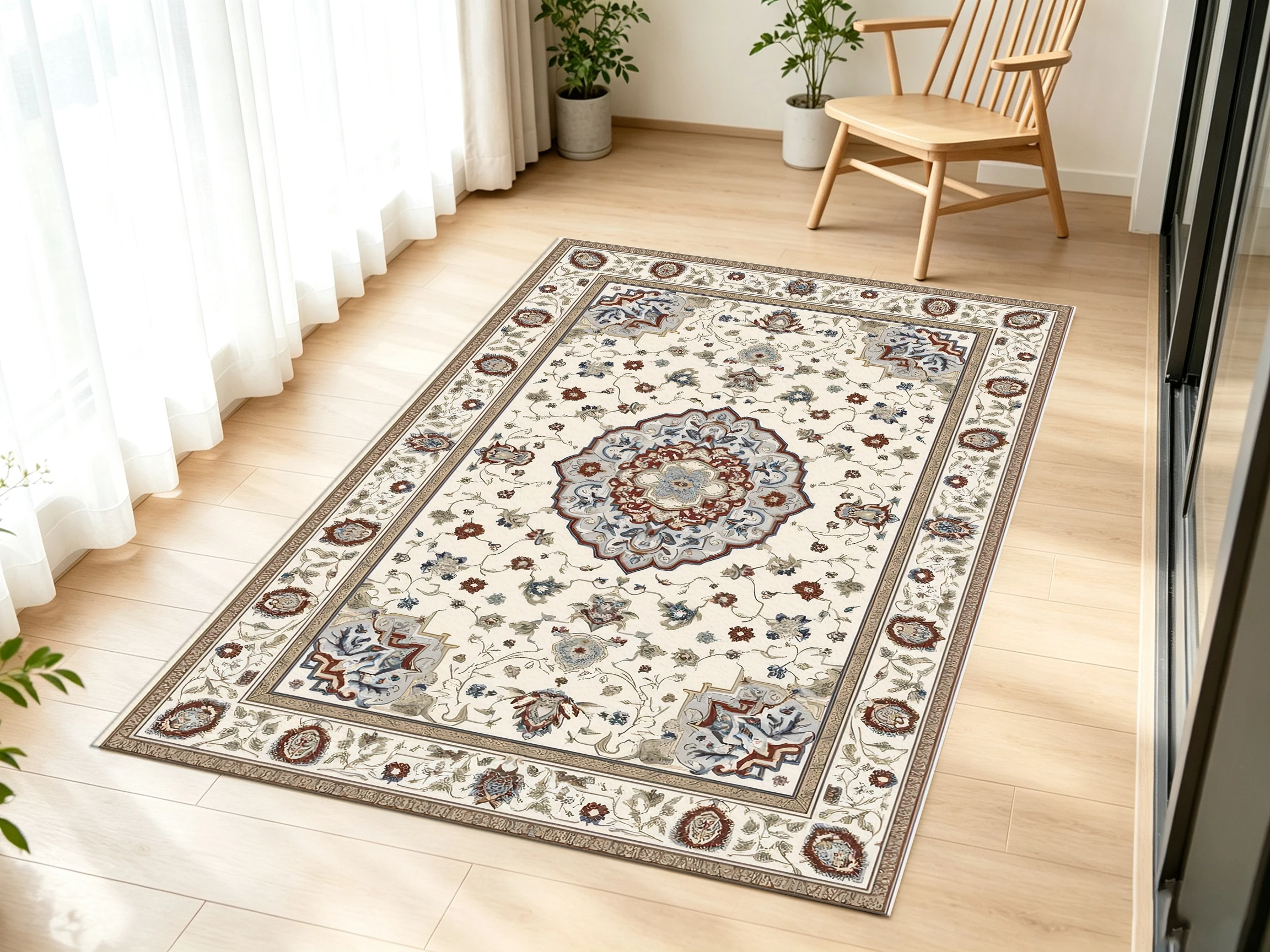 2D Velvet Carpet, 2D Beige Brown Vintage Persian Style Velvet Carpet with Floral and Curling Patterns in the Central Part   Soft to the Touch,...