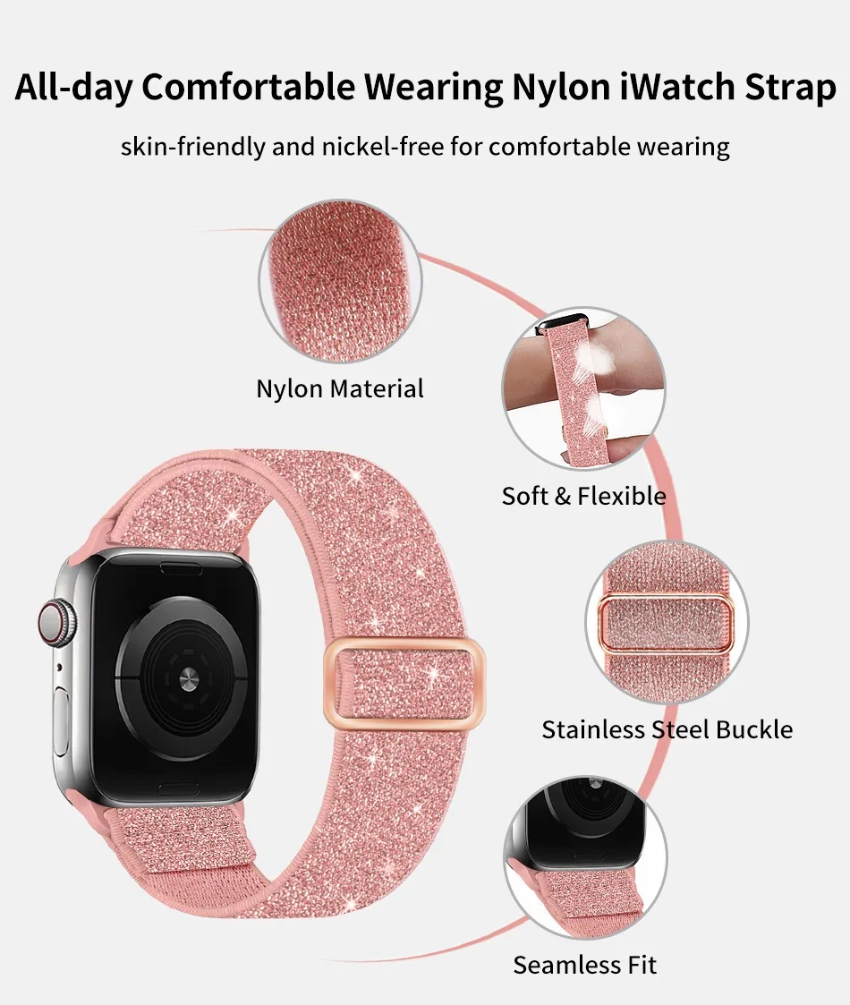 Apple Watch用の超光沢ナイロンブレスレット,38,40,42,44,45mmで利用可能