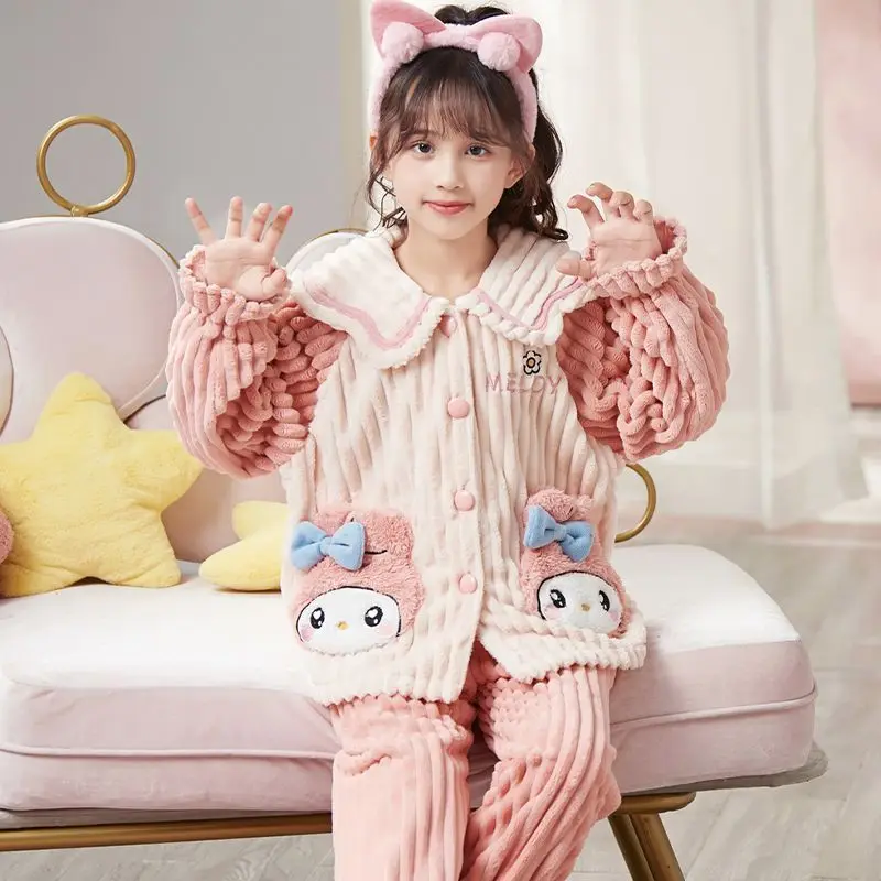 Sanrio My melody Cinnamoroll Hello Kitty Kuromi милый креативный мультяшный узор мягкая фланелевая утолщенная теплая пижама комплект домашней одежды