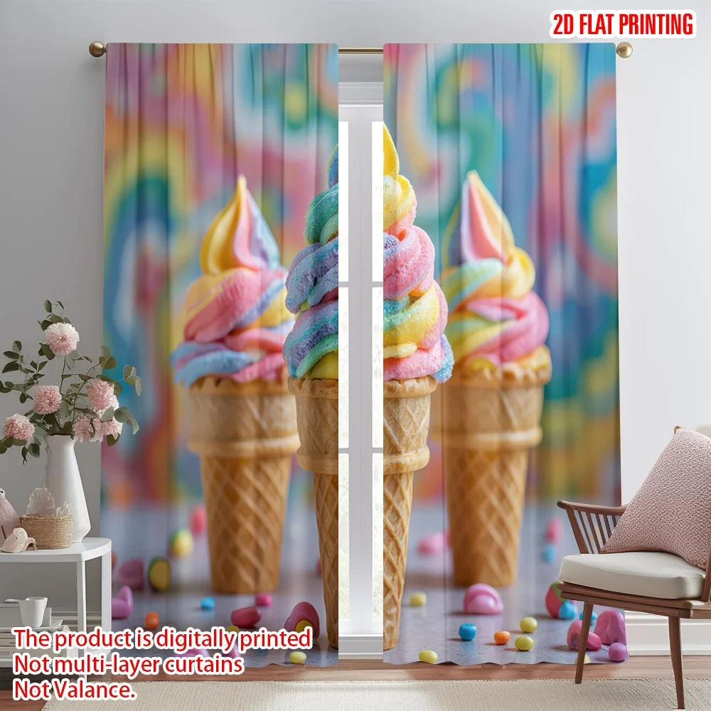 

2D flat printing 2pcs Scene Curtain Rainbow Swirl Ice Cream Digital Printed Polyester Drapes Party Decorations Use for Holiday