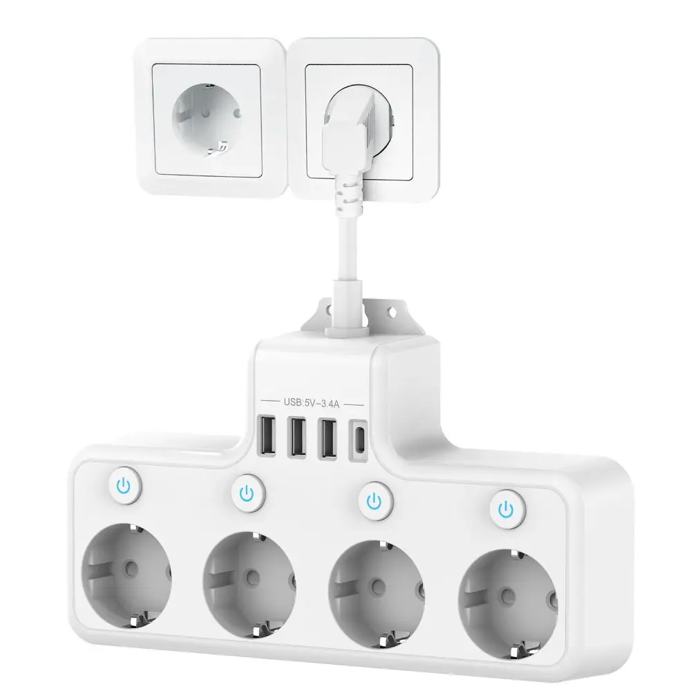 Individual Switch EU Plug Power Strip 4 AC Outlets 4 USB Ports Multiple Socket 3.1 A / 5 V 2 Type-C Surge Protector Home Use