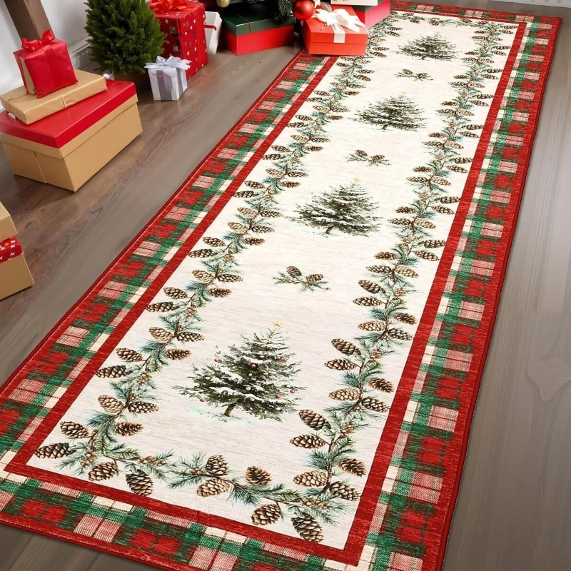 Corridor Carpet Hallway Rug Non-slip Machine Washable Floor Mat Christmas Checkered Christmas Tree Rugs Kitchen Rugs Home Decor