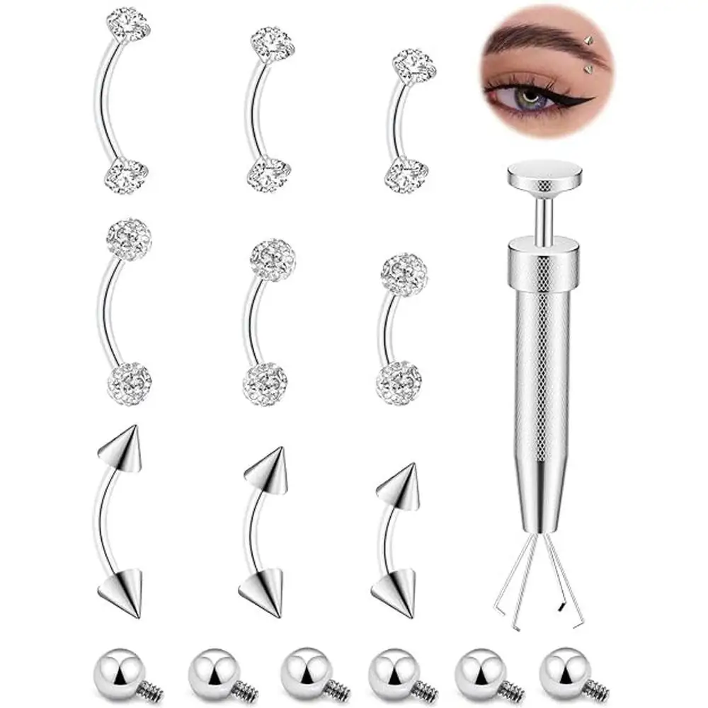 16Pcs Set Eyebrow Piercing Jewelry with Tool Stainless Steel Curved Barbells for Surgery Ball Spike Eyebrow Rings for Women Men