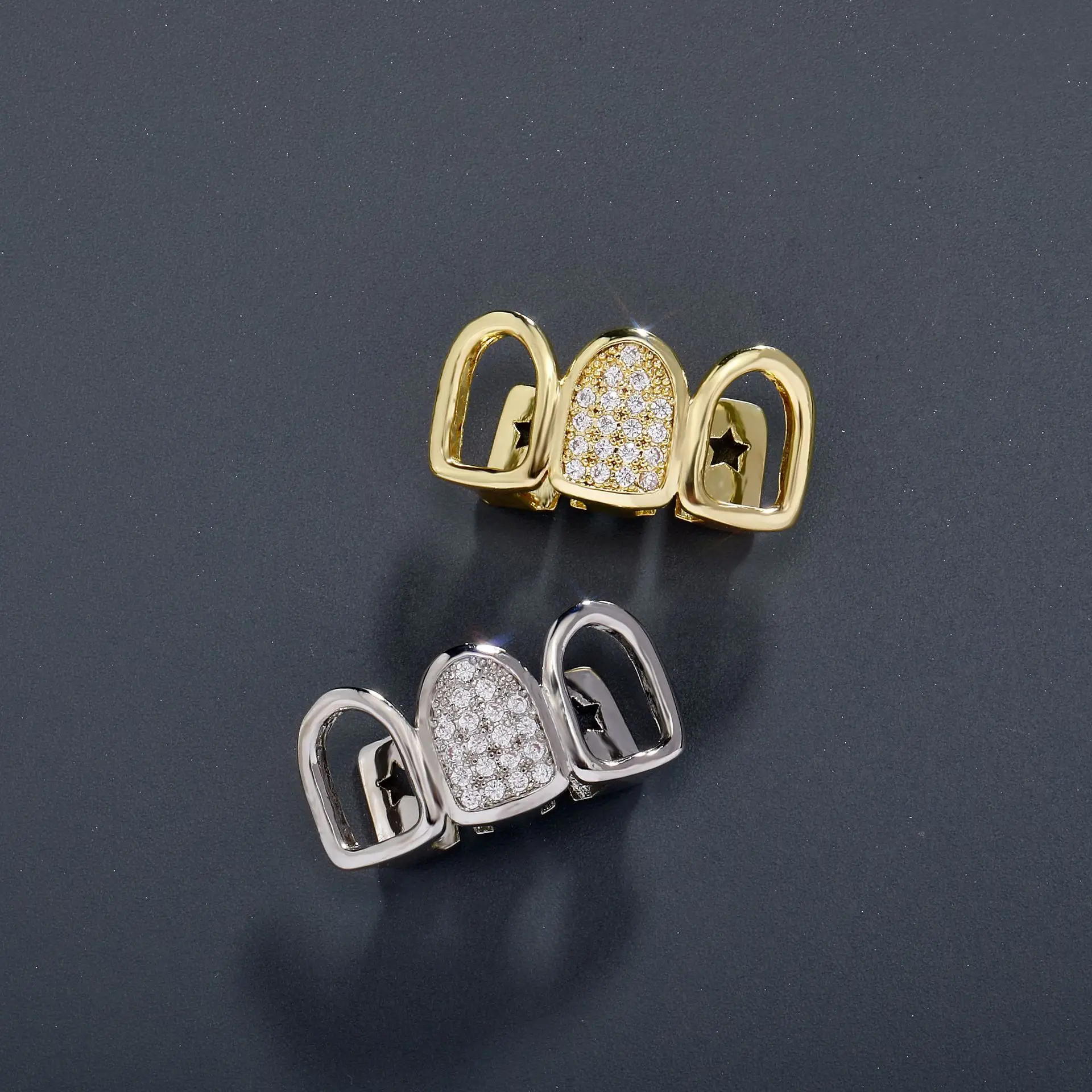 RACHELZ Trend Mixed 3 Hollow CZ Stone Tooth Grillz Top Hip Hop Cubic Zircon Teeth Caps For Women Men Body Jewelry