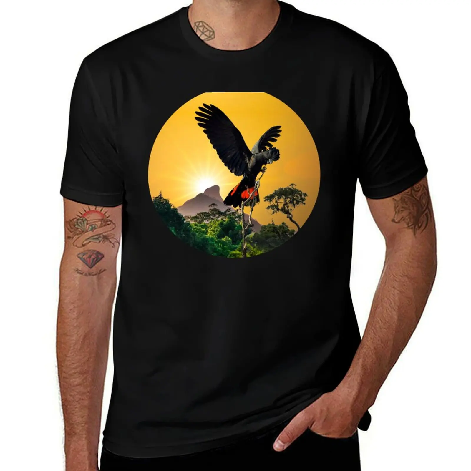 

Black Cockatoo with Wollumbin (Mount Warning) T-Shirt t shirt men 100% cotton luxury brand t shirt personalised T-shirt
