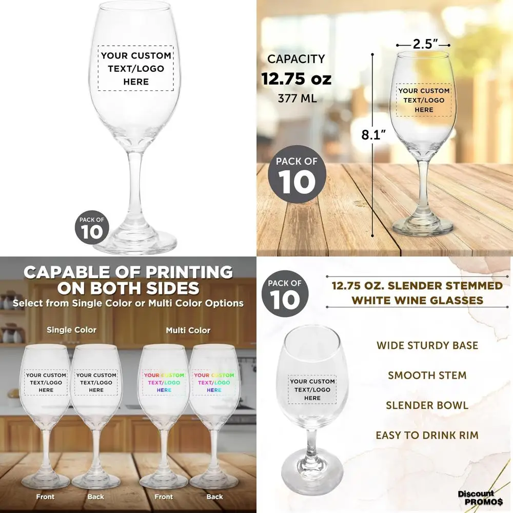 

Customizable 10-Piece Water and Wine Goblet Set - 12.75 oz, Colombia Crafted, Clear Glass with Logo Options