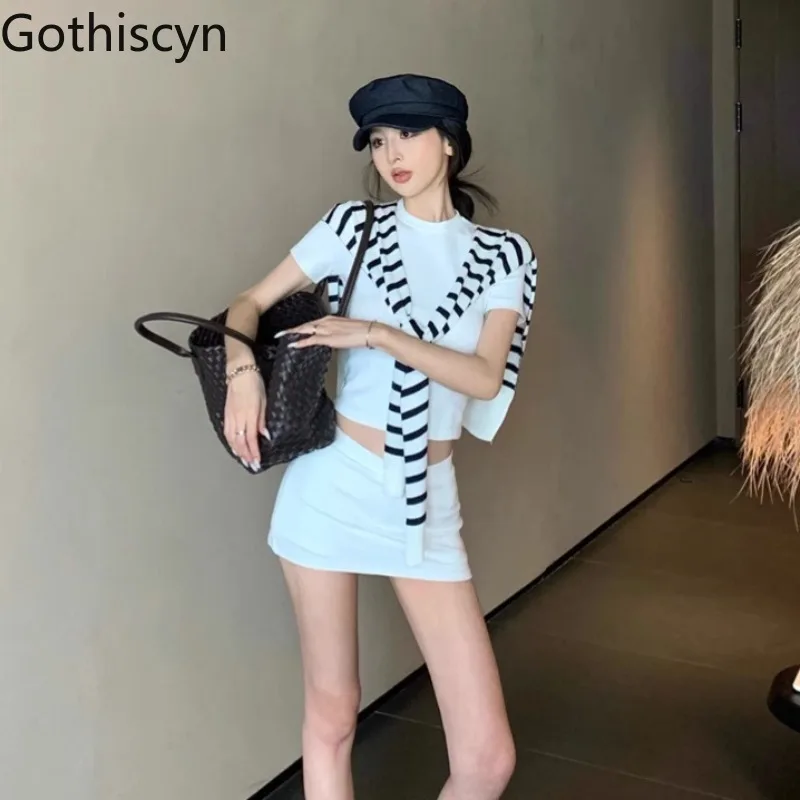 

Gothiscyn Korean Casual Set Women's Summer Shawl Slim Fit Short-sleeved T-shirt T High Waisted Mini Skirt Pants Three-piece Set