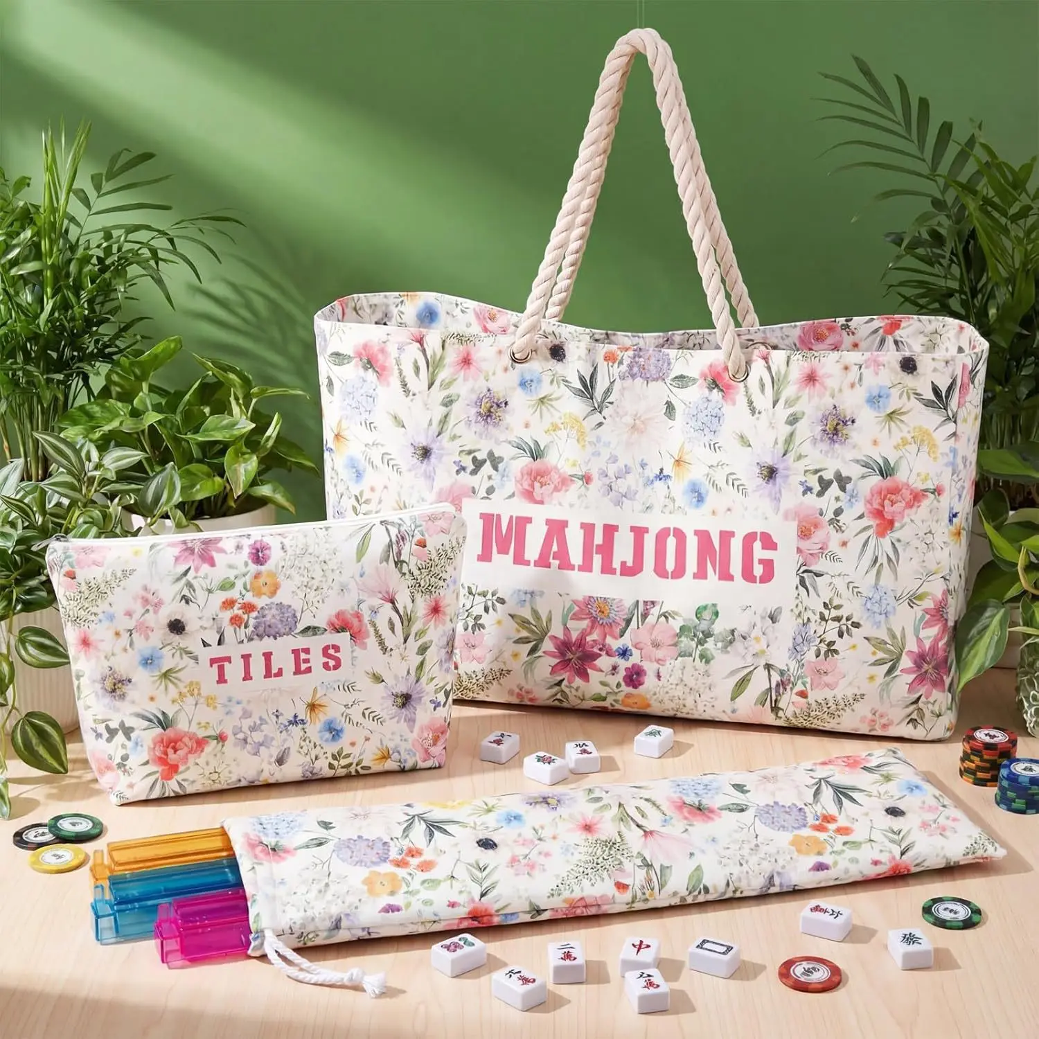 Mahjong Bag Set 3 Pcs Floral Canvas Tote Tile Pouch Rack Bag American Mah Jongg Travel Storage Carrying Case Gift
