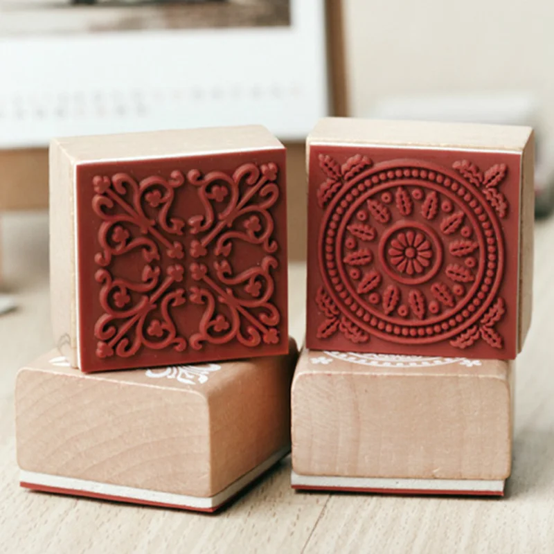 Classic Wooden Vintage Square Pattern Stamp Seal Creative Scrapbook Journals Student DIY Crafts Accesorries Supplies Stationery