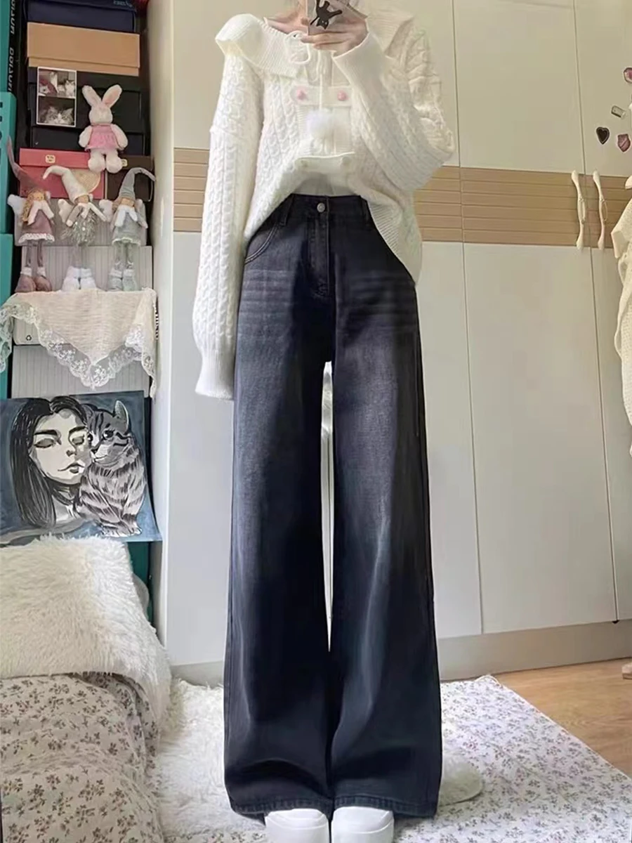 

Прямые джинсы с высокой талией и широкими штанинами, женские осенне-зимние свободные утягивающие брюки больших размеров для грушевого тела, повседневные брюки