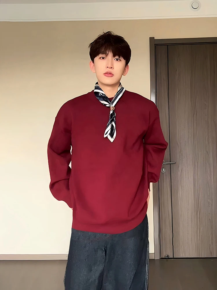 

Мужской вязаный свитер оверсайз цвета красного вина, с круглым вырезом, в стиле американского ретро, для комфортного ношения