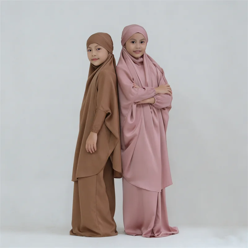 

Детский мусульманский хиджаб-платье с капюшоном для молитвы, кафтан, абайя, комплект с юбкой-химаром для девочек, полностью закрывающий, исламская одежда для Рамадана