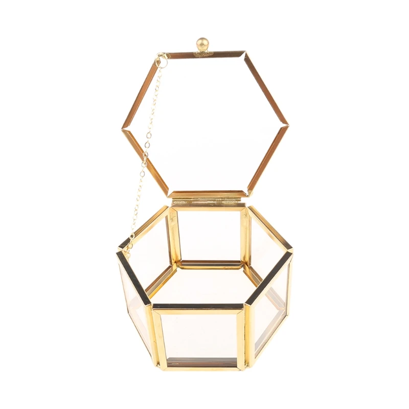 Glass Clear Vintage Jewelry Box Golden Geometric Jewelry Display Box for Case Home Decorative Box