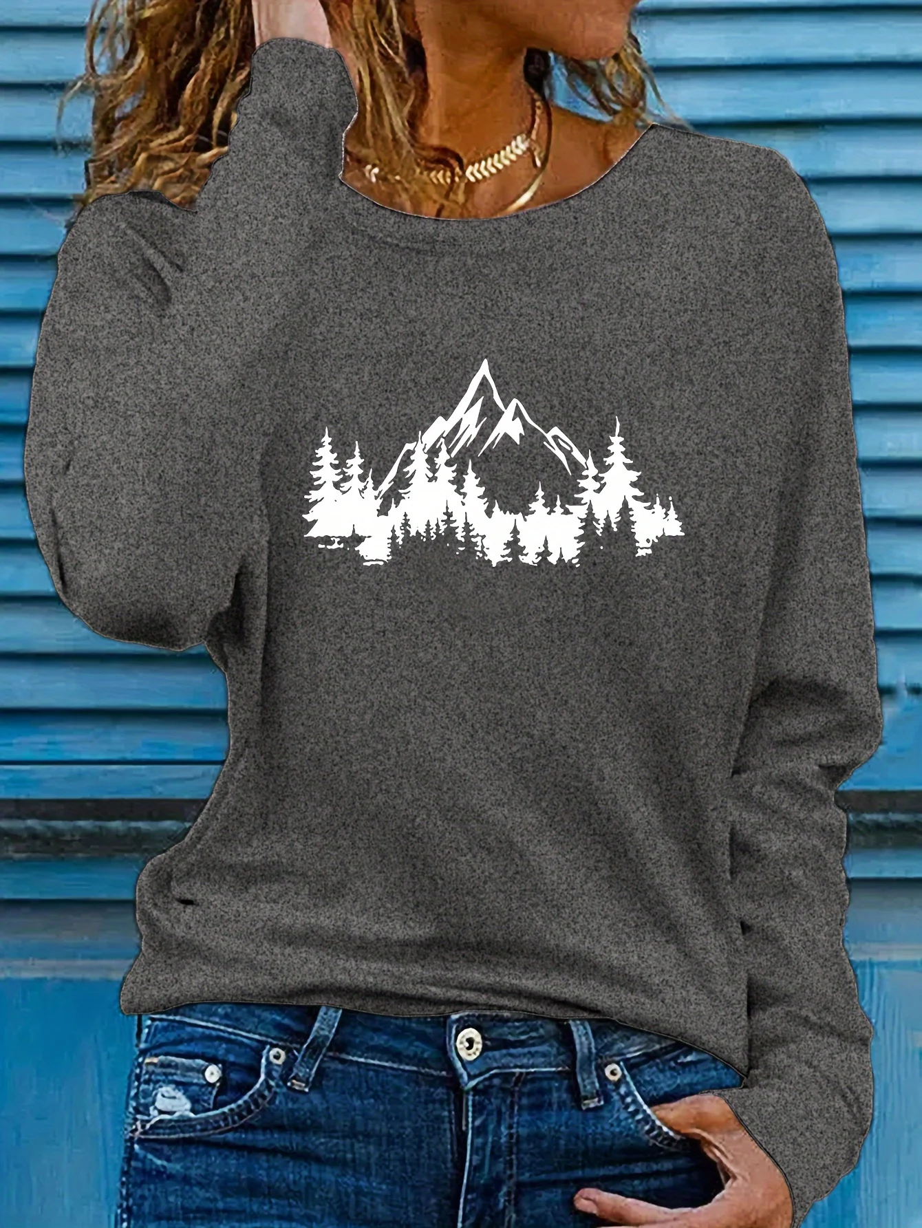 

Women's Spring and Autumn 100% Cotton Fashion Casual Loose Mountain Pattern Printed Round Neck Long Sleeve T-shirt Top