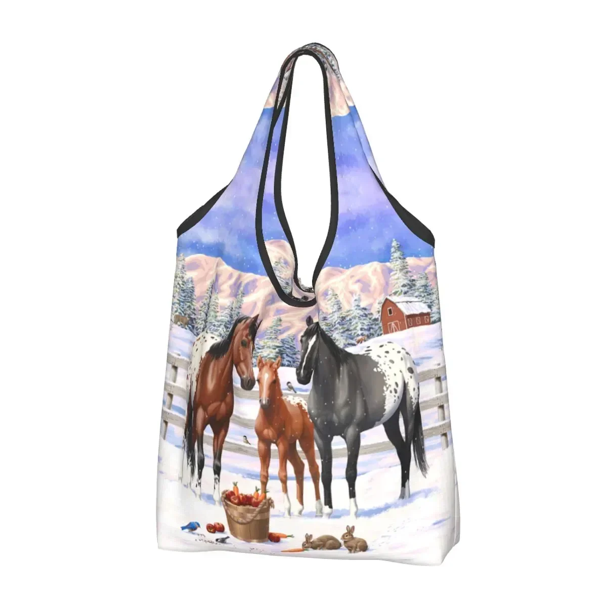 Custom Appaloosa Horses In Winter Shopping Bags Women Portable Large Capacity Grocery Farmhouse Animal Tote Shopper