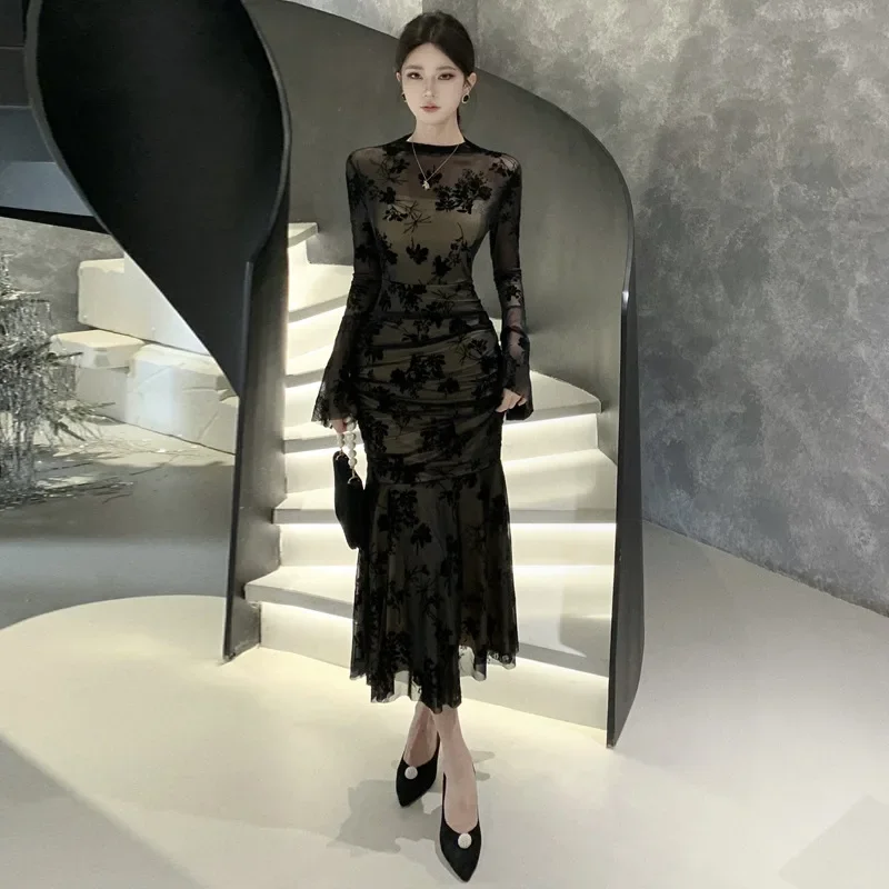 Chinese Style Mesh Long Cheongsam Women Black Qipao Sexy Improved Chinese Dress Long Sleeve Elegant Vestidos Vintage Costume