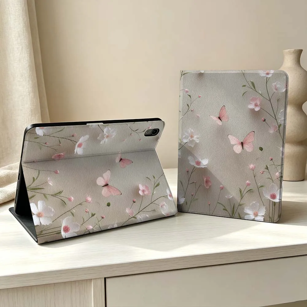 Pink Butterfly Floral Print Soft Pen Tray Tablet Case For iPad Pro Air mini 7 6 5 4 3 2 1 M5 M4 M3 11th 10th A17 Pro A16 A14