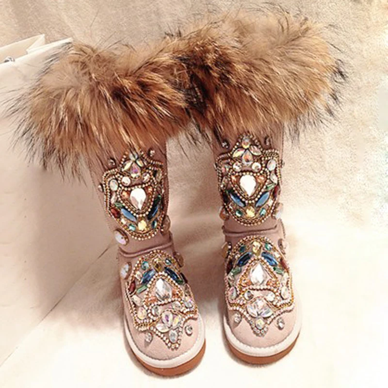 

Woman Multicolor Rhinestone Totem Snow Boots Female Slip-on Shoes Warm Winter Knee Boots Girls Real Fox Fur Bling Crystal Boots