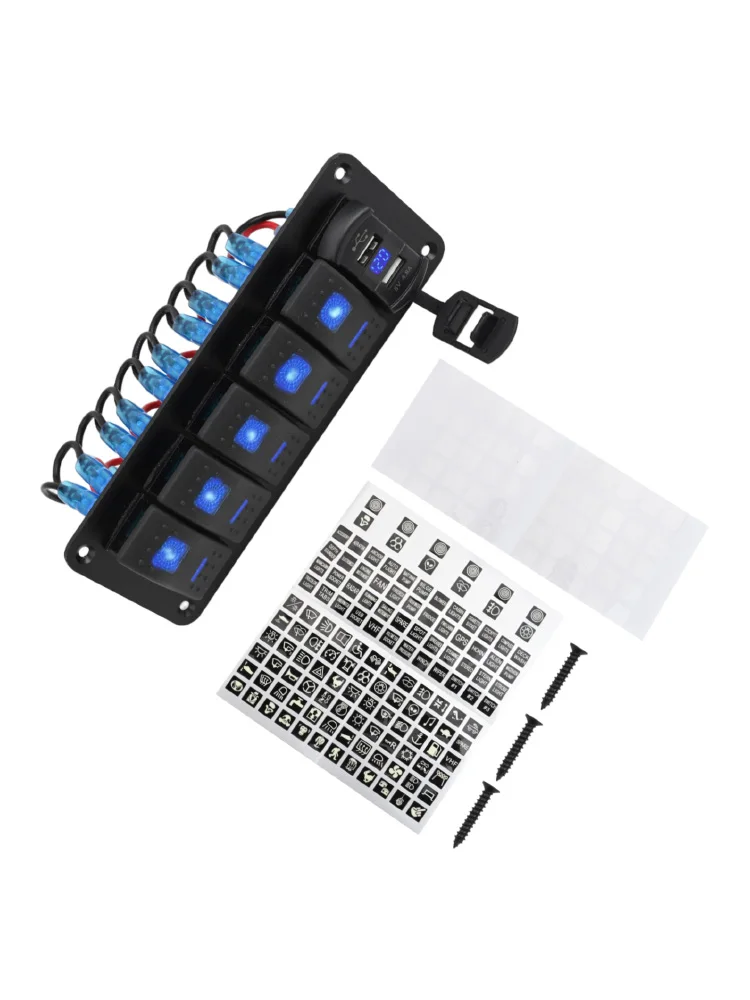 Aluminum Rocker Switch Panel With Dual USB Charger LED Voltmeter 12V-24V Overload Protection For Boat Truck RV Marine