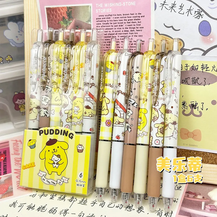 6Pcs Set Kawaii Kuromi Cinnamoroll Gel Pen Cartoon Pochacco ST Quick Drying Black Pens 0.5mm Press Learning Stationery Gifts