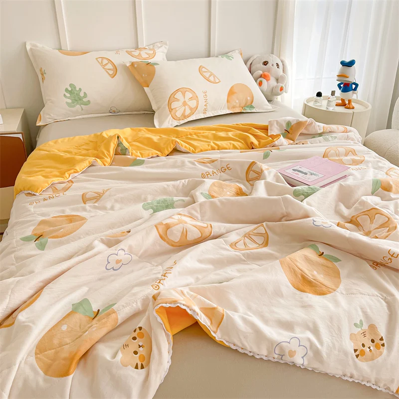 Fruit Lemon Orange Summer Quilt Bedding Set, Lightweight Quilted Comforter Botanical Bedspread Quilt Blanket Set for All Season