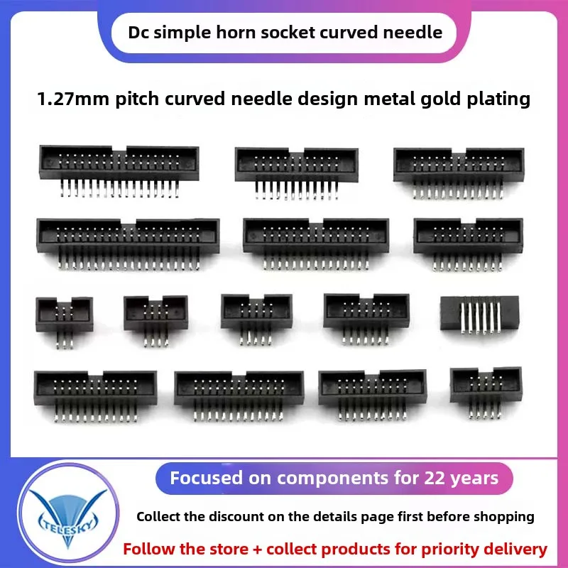 

5PCS DC3 Cable Plug 1.27mm Spacing Simple Bull Horn Socket IDC Connector JTAG Socket Curved Pin 6/8/10/12/16/20/26/34/40/46/50p