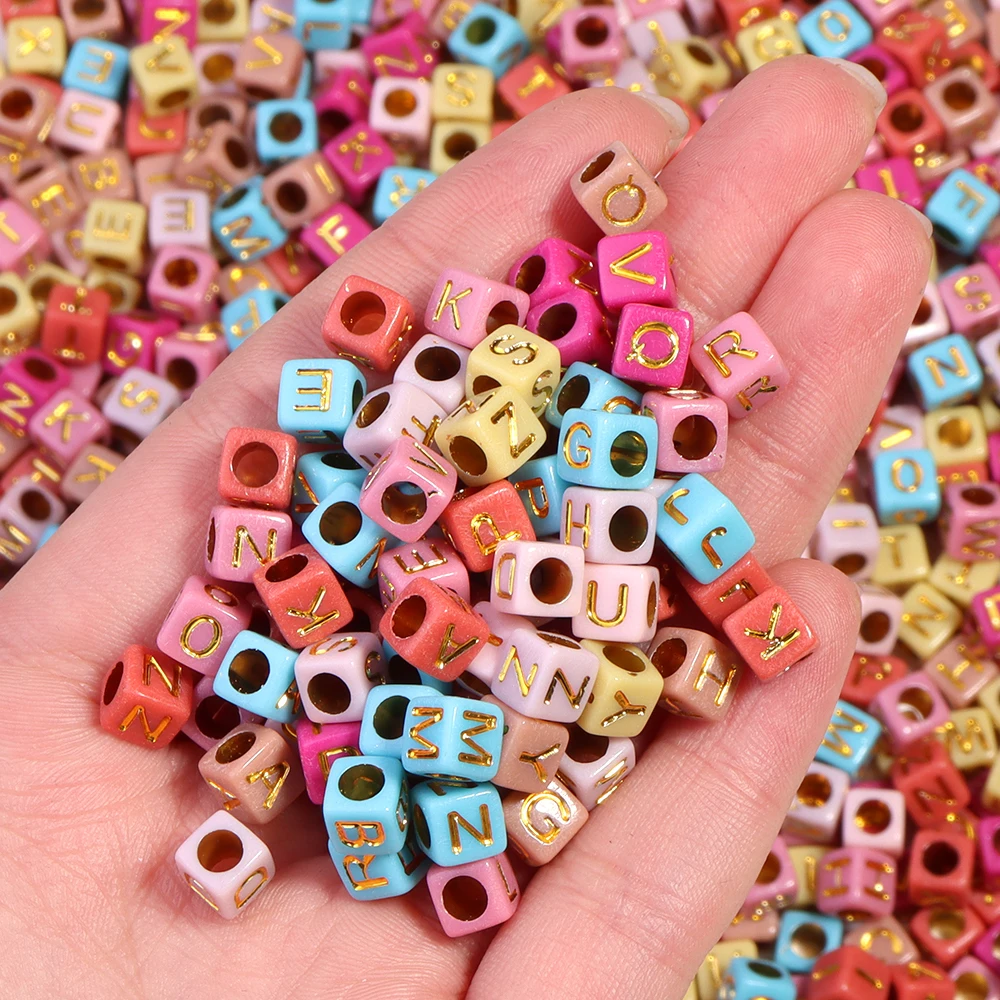 100pcs/lot 6mm Electroplated Acrylic Alphabet Beads Square Big Hole Loose Letter Beads For DIY Fashion Bracelet Necklace Jewelry