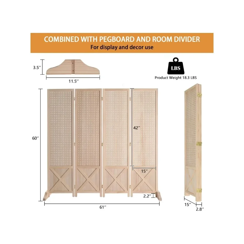 Freestanding Pegboard with Support Feet, 5 FT Wood Room Divider Display Board Organizer, Folding Privacy Screen Partition