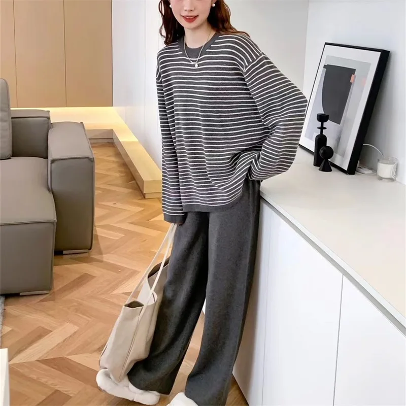 

Korean Striped Crewneck Sweater Suit Women's Autumn Winter New Loose Casual Pullover Sweater Wide-leg Pants women Two-piece Set