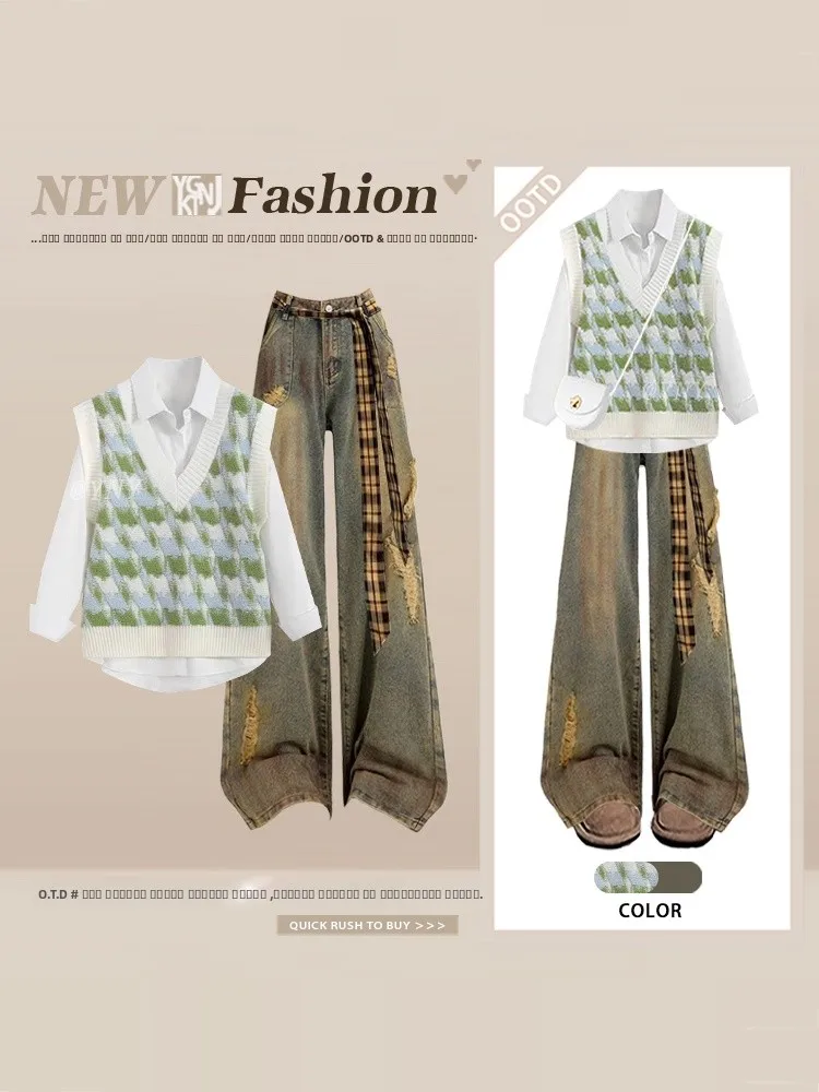 

Retro Fre Color Blo Knitted Vest Spring irt Upper Body Ripped Denim Jeans Tee Piece Set Vintage Sle Women's Faion