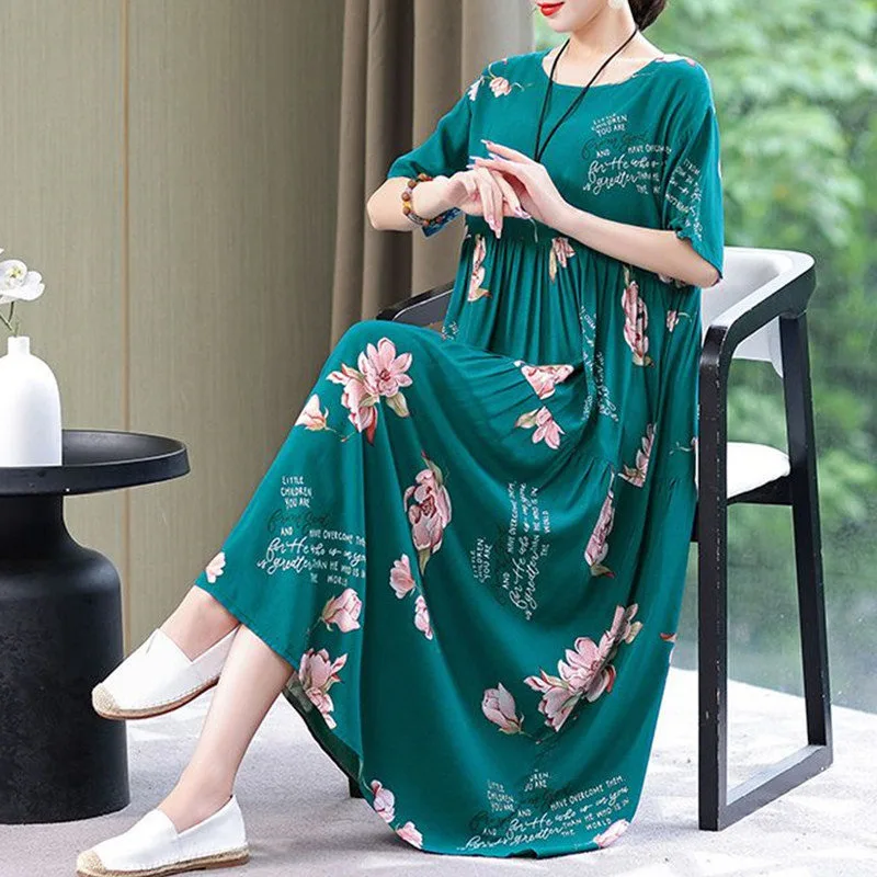 Women Clothes Summer Vintage Print Cotton Linen Beach Dress Fashion Casual Oversize Short Sleeve Elegant Party Long Dresses Robe