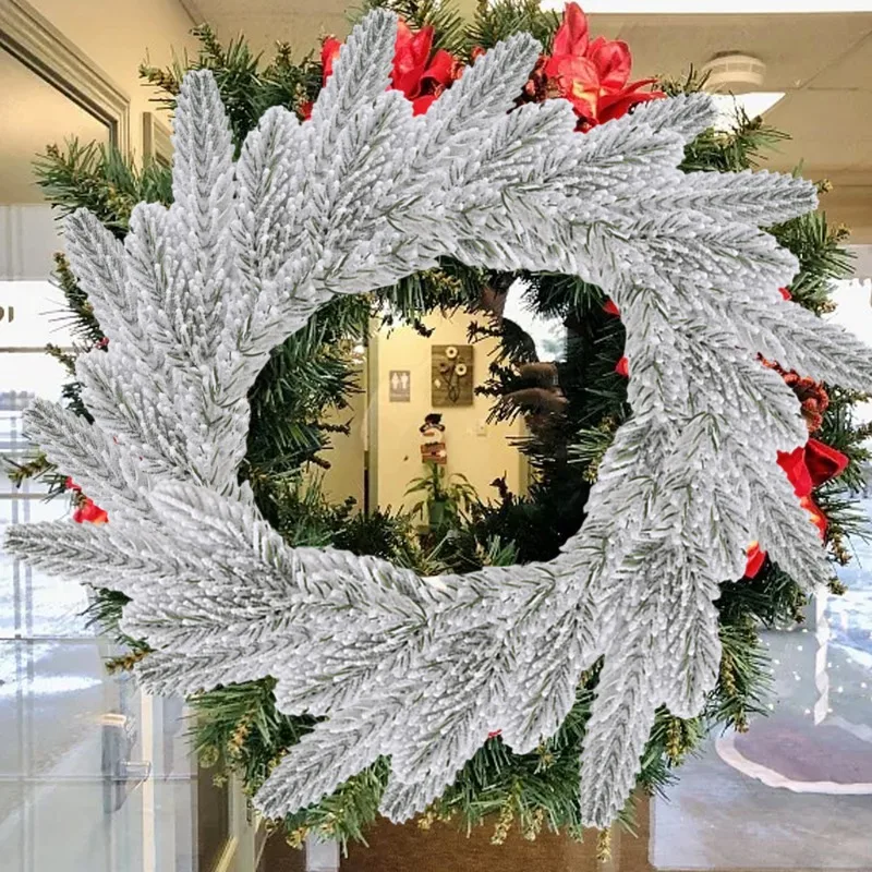 1/20PCS Christmas Pine Needle Branches Cypress Leaf Flock Pine Xmas Tree Artificial Fake Plant Wreath Ornament Snowy Twig Decor